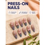 Pink‑Blue Gradient Heart Press‑On Nails, Gentle 3D Bow Rhinestone Almond False Nails